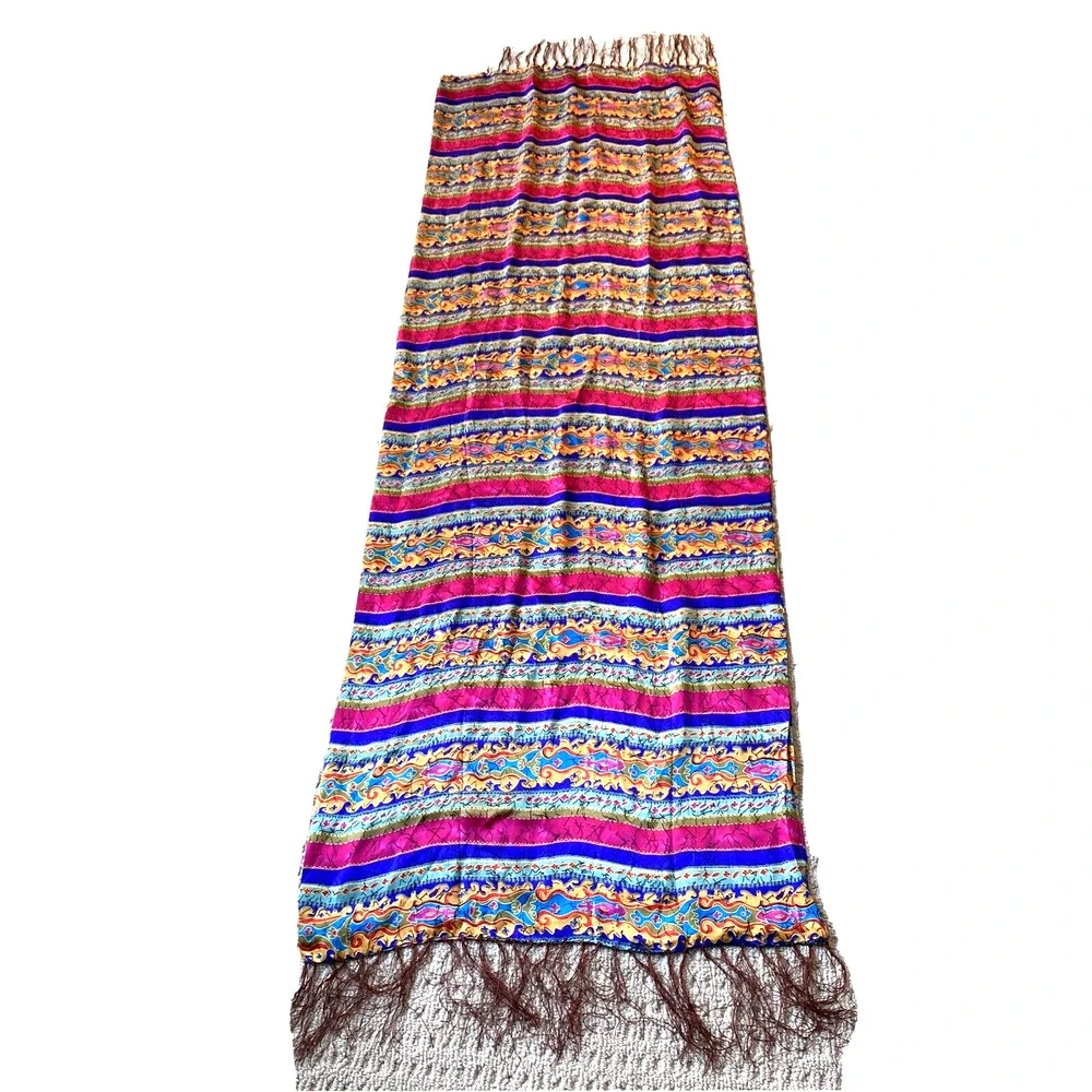 Vintage silk scarf long fringed wrap colorful double sided shawl elegant luxury